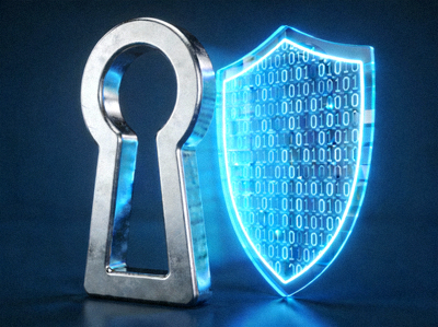 개인정보 보호를 상징하는 자물쇠와 디지털 실드 아이콘으로 구성된 개념 이미지