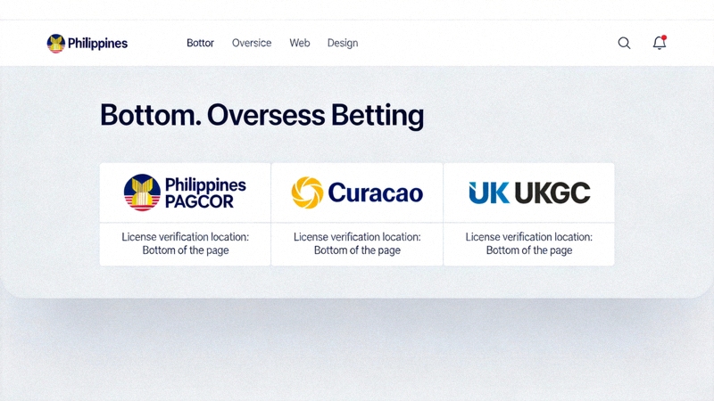 해외 배팅 사이트 하단에 표시된 다양한 라이선스 로고(필리핀 PAGCOR, 퀴라소, 영국 UKGC 등)의 예시 및 확인 위치 안내