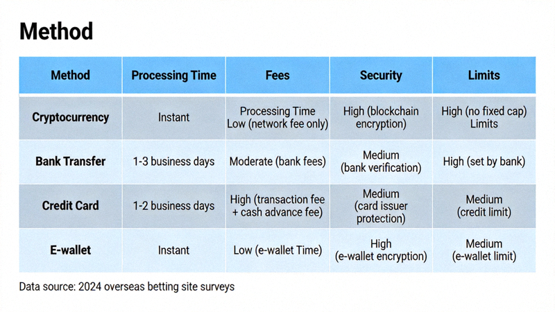 해외 배팅 사이트에서 제공하는 다양한 입출금 방법(암호화폐, 계좌이체, 신용카드, 전자지갑 등)을 비교 분석하는 표 예시