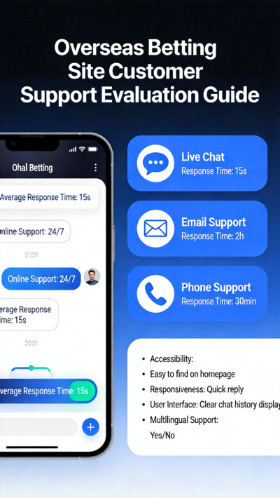 해외 배팅 사이트의 실시간 채팅 지원 창과 다양한 고객 문의 채널을 평가하는 방법을 보여주는 예시 이미지
