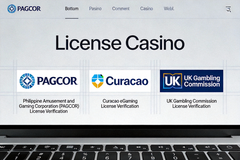 해외 카지노 사이트 하단에 표시된 다양한 라이선스 로고(PAGCOR, 퀴라소, 영국 Gambling Commission 등)의 예시 및 확인 위치를 보여주는 이미지
