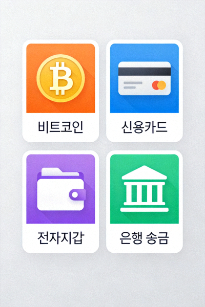 해외 카지노 사이트에서 제공하는 다양한 입출금 방법(비트코인, 신용카드, 전자지갑, 은행 송금 등)의 아이콘을 나열한 예시 이미지