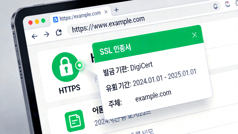웹 브라우저 주소창에 표시된 HTTPS 자물쇠 아이콘과 SSL 인증서 상세 정보를 보여주는 화면 캡처 이미지