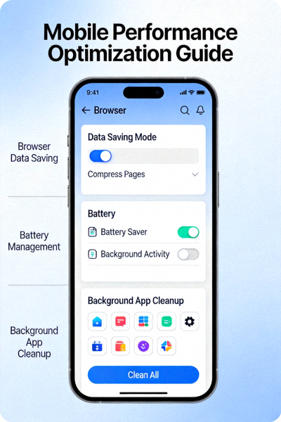 스마트폰 화면에서 브라우저의 데이터 절약 모드 설정, 배터리 설정 메뉴, 백그라운드 앱 정리 화면을 보여주는 모바일 성능 최적화 가이드 이미지