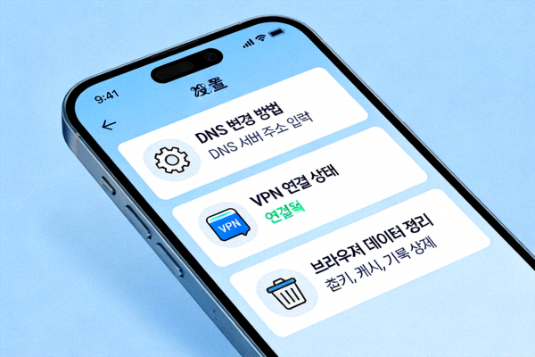 스마트폰 설정 화면에서 DNS 변경 방법과 VPN 연결 상태, 브라우저 데이터 정리 메뉴를 강조하여 보여주는 모바일 보안 설정 개념 이미지