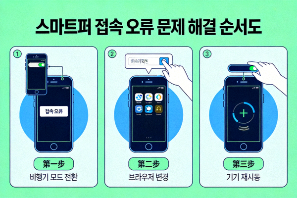 스마트폰에서 접속 오류 시 비행기 모드 전환, 브라우저 변경, 기기 재시동 등 문제 해결 단계를 순서도로 보여주는 이미지